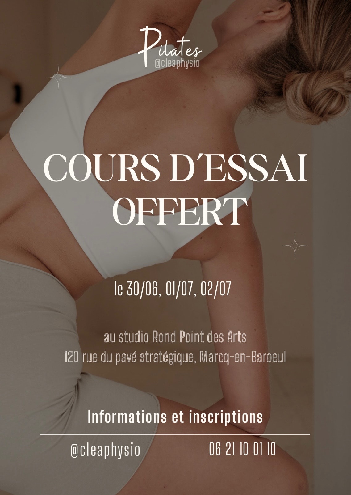 Affiche pour un essai Pilates au Rond Point des Arts.