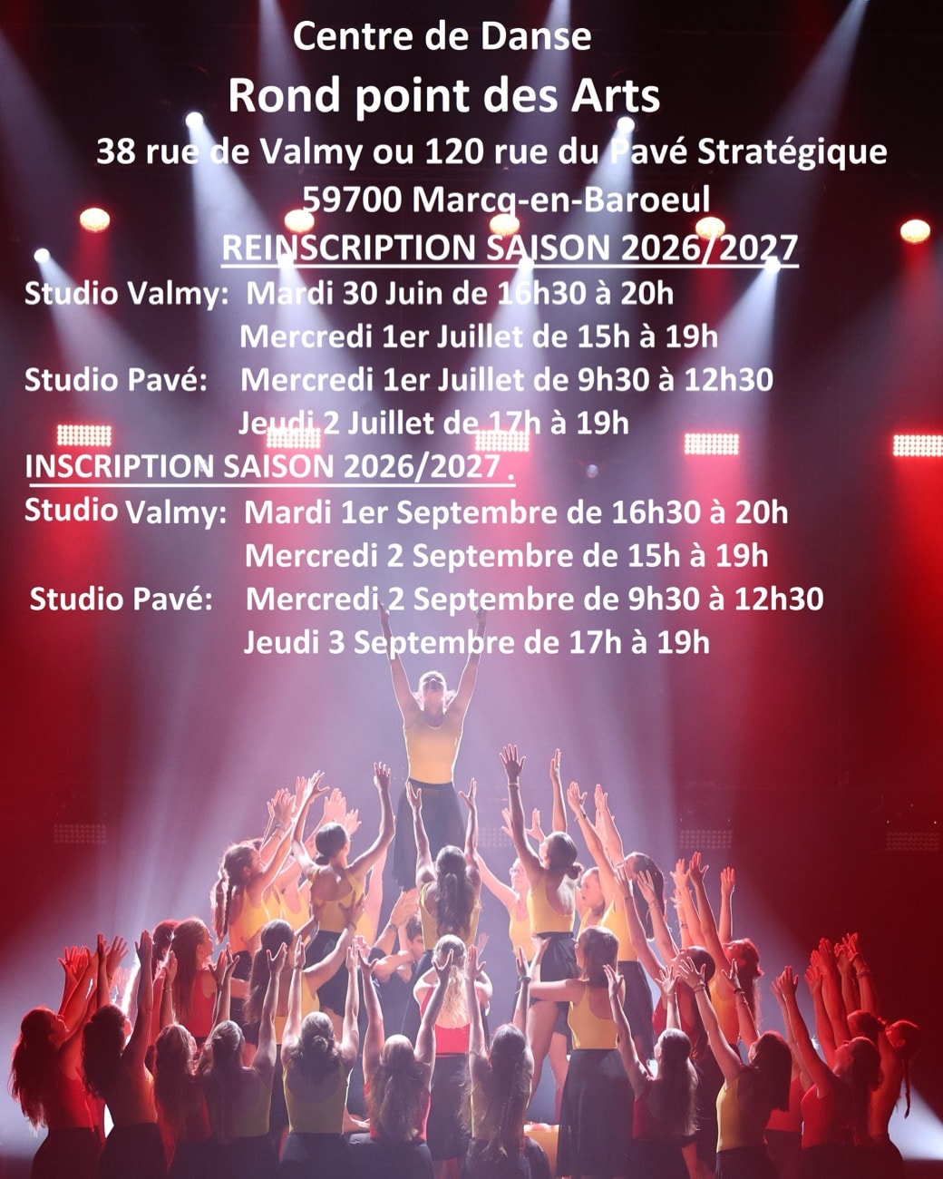 Affiche des réinscriptions 2026-2027 au Rond Point des Arts.